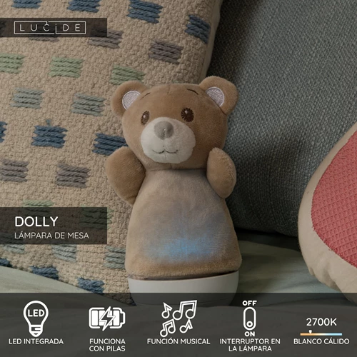 Lucide DOLLY - Lámpara de mesa Infantil - Batería/pilas - LED - 1x3W 2700K - Con función de música - Marrón - USP